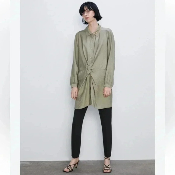 ZARA Knotted Lightweight Green Tunic Top Dress Size Medium - Picture 1 of 8